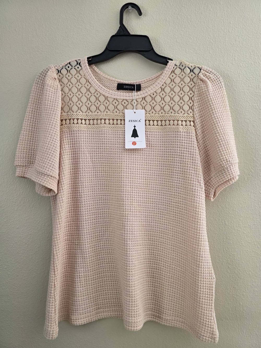 Zesica Beige Lace Yoke Textured Top